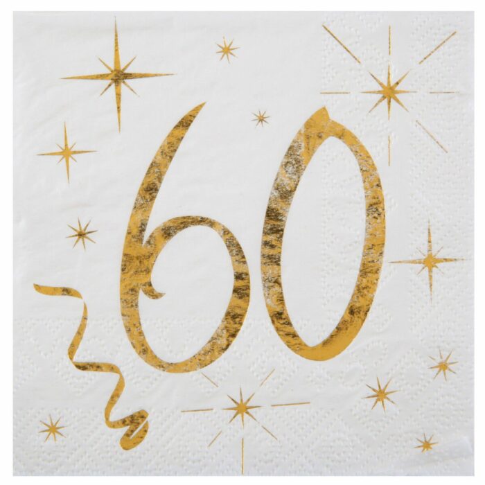 20 SERVIETTES BLANCHES 60 ANS OR (12,5CMX12,5CM)