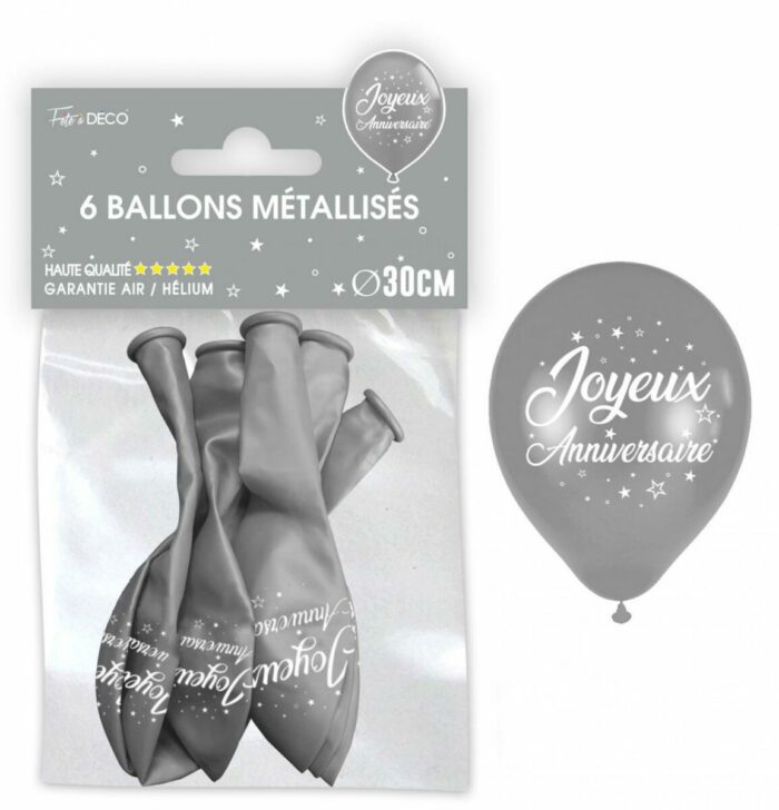 BALLONS METAL ARGENT JOYEUX ANNIVERSAIRE PAR 6