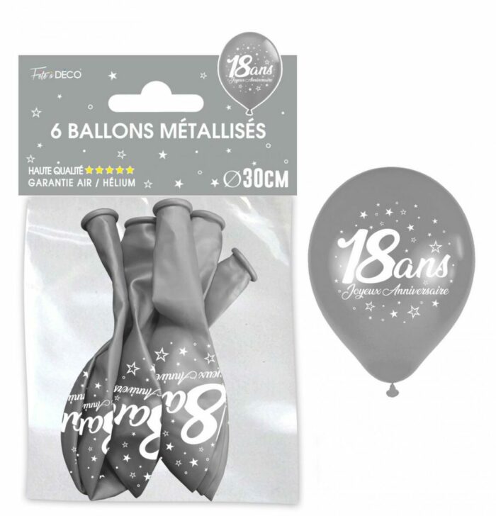 BALLONS METAL ARGENT 18 ANS PAR 6