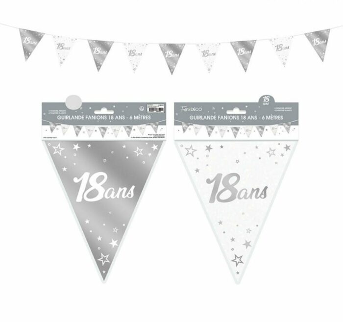 GUIRLANDE FANION 18 ANS METALLIQUE ARGENT - 6M