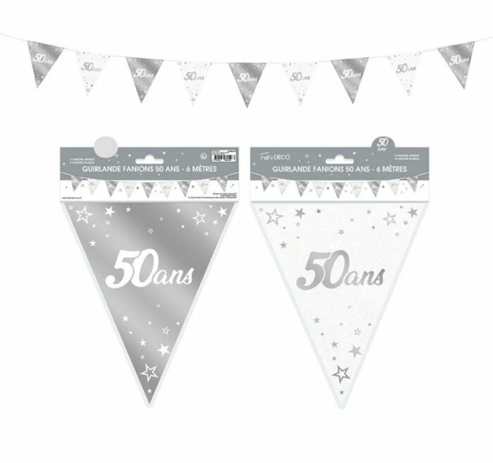 GUIRLANDE FANION 50 ANS METALLIQUE ARGENT - 6M