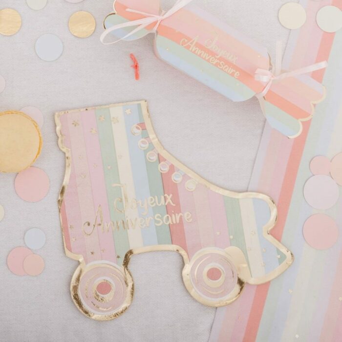 16 SERVIETTES JOYEUX ANNIVERSAIRE ROLLER PAPIER PASTEL ET OR 33X33CM 3 PLIS – Image 2